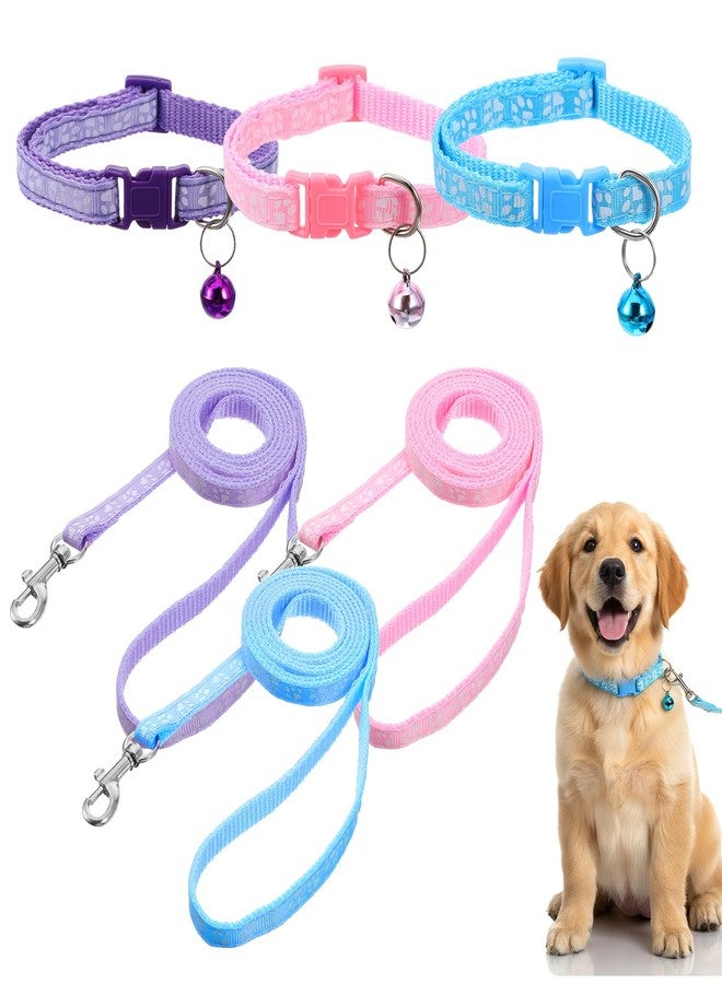 Guduling 3pcs Puppy Collar and Leash Set with Bell, Adjustable Collar and Leash for Small Dogs, Paw Print Collars for Puppy Small Dogs & Tiny Kitten (Purple, Pink, Blue) - Image 1